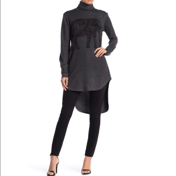 NEW GO COUTURE Turtleneck High/low Hem Tunic Sweater In Charcoal Elephant Up M - Picture 1 of 4